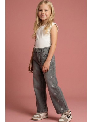 Monila Kız Çocuk Gri Yıldız Nakışlı Kot Pantolon