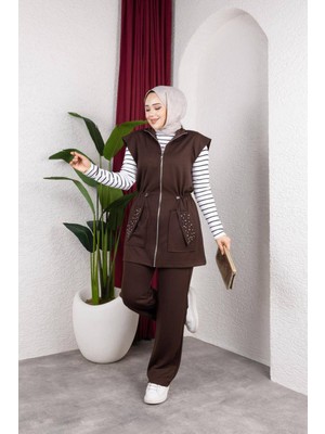 Ebrita Moda Kadın Fermuarlı Cepli Taş Detaylı Dik Yaka Ikili Takım