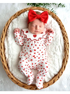 Beren %100 Organik Pamuk Kalp Desenli Bebe Yaka 5'li Bandanalı Kız Bebek Hastane Çıkışı