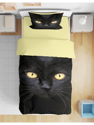 Sarel Siyah Kedi Baskılı 3D Tek Kişilik Nevresim