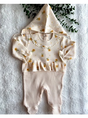 Beren %100 Pamuk Ayçiçeği Desenli Waffle Kumaş Fırfırlı Patikli Şapkalı Tulum