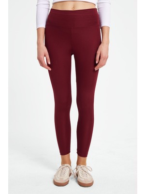 Tudors Kadın Slim Fit Dar Kesim Scuba Kumaş Beli Lastikli Bordo Tayt