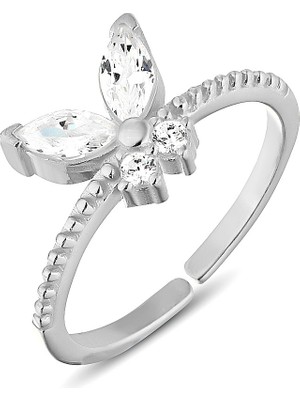 Zanaat Silver 925 Ayar Gümüş Beyaz Zirkon Taşlı Ayarlanabilir Kelebek Yüzük