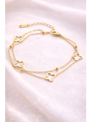 Stainless Steel Yonca Işıltısı – Altın Kaplama Çift Zincirli Premium Çelik Bileklik