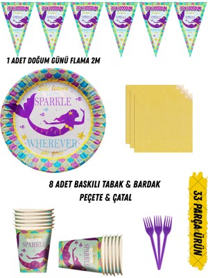 Deniz Kızı Temalı Doğum Günü Parti Seti Tabak & Bardak & Peçete & Çatal