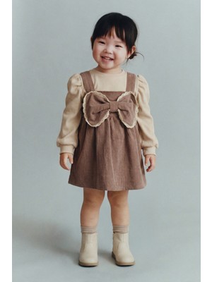 Magu Kız Bebek Pamuklu Kahverengi Fiyonk Detaylı Kadife Salopet Elbise