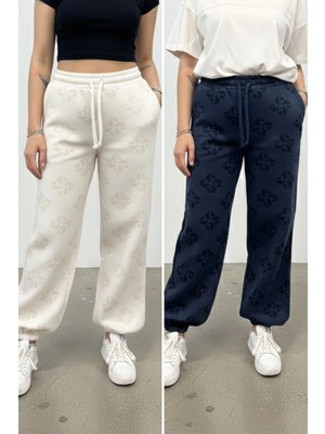 Softandbasic Kadın Baskılı Kumaş Beli Lastikli Cepli Paça Lastikli 2'li Eşofman Altı