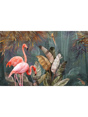 Flamingolar Muz Yaprakları Poster Duvar Kağıdı