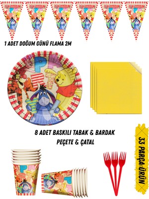 Happyloop Party Winnie The Pooh Temalı Doğum Günü Parti Seti Tabak & Bardak & Peçete & Çatal