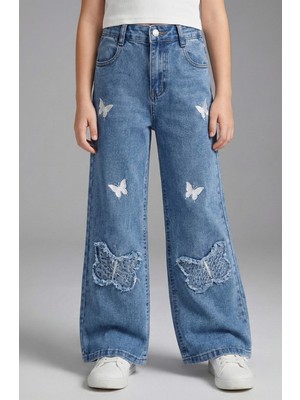 Robin Kids Kız Çocuk Kelebek Nakışlı Likralı Kalın Beli Lastikli Pantolon