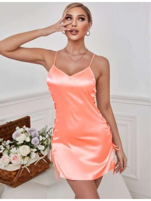 Visatin Lingerie Kadın V Yaka Ayarlanabilir Ip Geçişli Saten  Gecelik - Somon