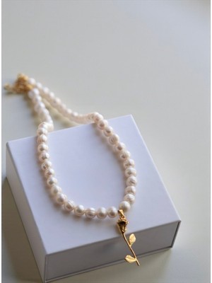 Taşmir Sertifikalı Gerçek Inci Kolye Gül Charm - Altın Kaplama Aparatlar