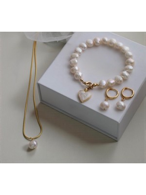 Taşmir Sertifikalı Çelik Zincirli Yuvarlak 8 mm Inci Kolye Bileklik Küpe Set Kalp Charmlı