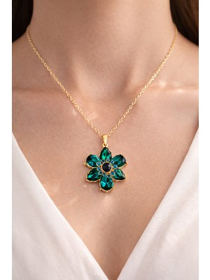 Stainless Steel Zümrüt Yonca Işıltılı Altın Kaplama Zarif Kolye