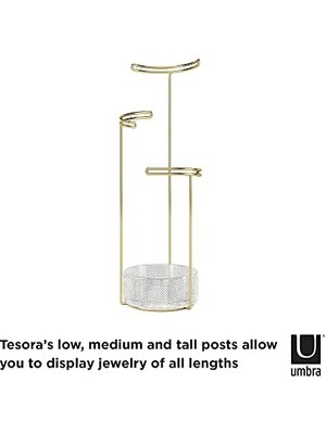 Tesora Takı Ağacı, Yüksek Takı Standı, Zincirler Için Entegre Takı Raflı, Yüzükler, Küpeler, Bileklikler, Saatler ve Aksesuarlar Için, 3 Kademeli, Metal/cam, Altın Rengi, Tek Boy