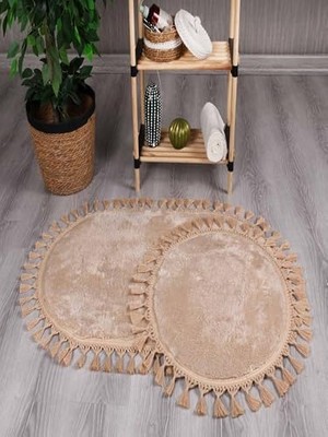 My Evilla Modern Simirna Dekoratif Peluş Oval Ponpon Saçaklı Klozet Takımı Bej