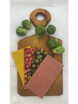 4'lü Karışık Desenli Kumaş Tekrar Kullanılabilen Doğal Balmumlu (Balmumu) Gıda Saklama Bezi Orta Boy