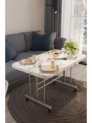 Tekerlekli Masa Orta Sehpa Beyaz Mermer 70 x 110 cm Metal Ayak 