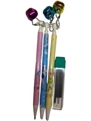 Kalem Seti, 3 Adet Renkli Tasarım, Zil Süslü, Kurşun Kalem Ucu Hediyeli