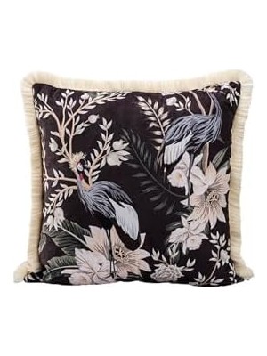 Lüks Kadife 43X43 cm Kırlent Kılıfı Dekoratif Yumuşak Salon Koltuk Avangart Saçaklı Siyah Siyah Beyaz