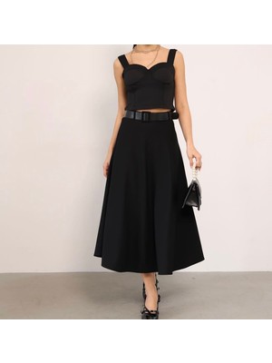 Moda Banuş Siyah A Kesim Kemer Hediyeli Midi Boy Etek