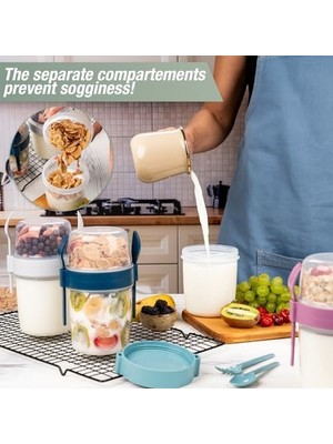 650 ml -Go Kaşıklı Hazneli Meyveli Müsli Kabı Piknik Iş Yoğurt Süt Bardağı Kapaklı ve Kaşıklı Kahvaltı Bardakları, Tahıl Tepesi Yulaf Ezmesi Granola (4'lü Set)