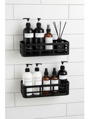 Yapışkanlı Duş Rafı – 2 Adet Paslanmaz Banyo Şampuanlık Organizer | Delmeden Montaj | Geniş Kapasiteli Duş Organizeri | Siyah Plastik Raf – Banyo Mutfak Uyumlu