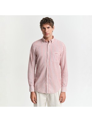Gant Erkek Kırmızı Regular Fit Düğmeli Yaka Çizgili Gömlek