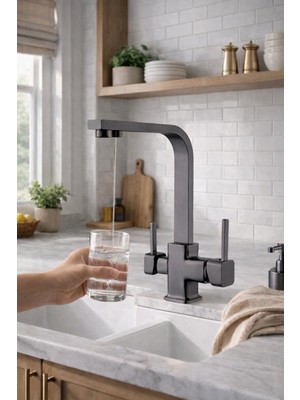 Rena Design Antrasit Arıtmalı Mutfak Eviye Bataryası 3 Yollu Kare Mutfak Musluk Prinç Garantili Füme Armatür