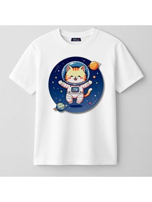 Mixxi Fashion Sevimli Kedi Astronot Uzay Cute Cat Baskılı Kısa Kollu Unisex  Çocuk Tişört (4-13 Yaş)