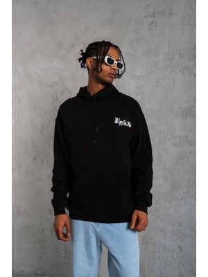 ModaSize Erkek Oversize Üç Iplik Kapüşonlu Sweat – Siyah Kol ve Etek Ribana Detaylı, Ön ve Sırt Baskılı, Kanguru Cepli Rahat Kalıp Model