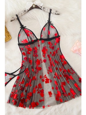 Intive Lingerie Çiçek Desenli Siyah Transparan Gecelik TM1319