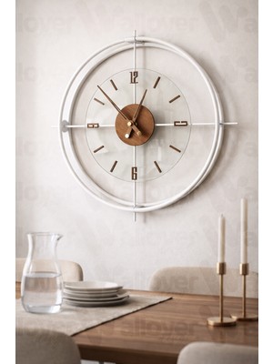 Wallover Design Büyük Boy Jumbo Sessiz Duvar Saati, Beyaz/ceviz Detaylı Sessiz Metal (Paslanmaz) Duvar Saati 55X55
