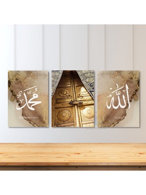 Artarilion Dikey 3'lü Allah  Hz. Muhammed (Sav)  Kâbe Kapısı 3’lü Kanvas Tablo Seti Dini Manevi Duvar Tablosu