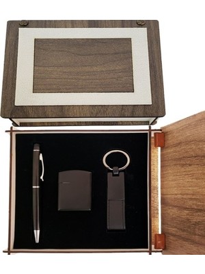 Die Grup Özel Ahşap Kutulu Mat Siyah Kalem Anahtarlık ve Çakmak Set DIEGRP-RSETT34