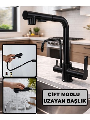 Rena Design Siyah Arıtmalı Spiralli 2 Modlu Başlık L Boru Mutfak Evye Bataryası Prinç Armatür Musluk