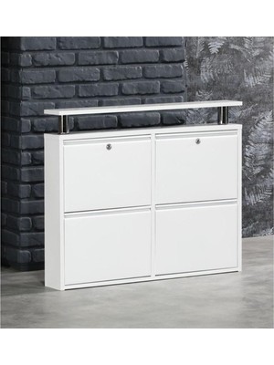 Moemi Metal Ayakkabılık Tablalı (2 +2) 4'lü Metal Ayakkabılık - Kilitli -Beyaz