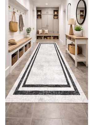 Emiroğlu Krem Zemin Beyaz Şerit Özel Süngerli Yüzey Kaymaz Taban Yolluk / Halı