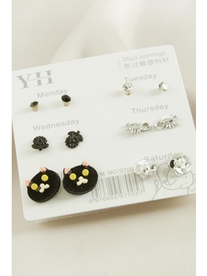 Die Grup 12 Adet Kedi Metal Taşlı Küpe DIE-GRPBJT34