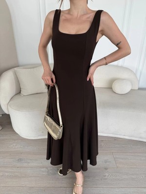 Beta Moda Hub Sırt Dekolteli Kolsuz Uzun Elbise - Kahverengi