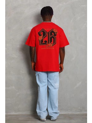 Beta Moda Hub Oversize Baskılı Bisiklet Yaka T-Shirt - Kırmızı