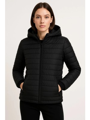 Beta Moda Hub Şişme Kapüşonlu Fermuarlı Mont Su Itici Kapitone Astarlı Kumaş Cepli Kışlık Rahat Kalıp -