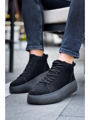 Baybonza LE10 Bağcıklı Erkek Yüksek Siyah Taban Siyah Süet Spor Bot