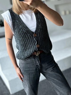 Beta Moda Hub Triko Kolsuz Düğmeli Yelek - Siyah