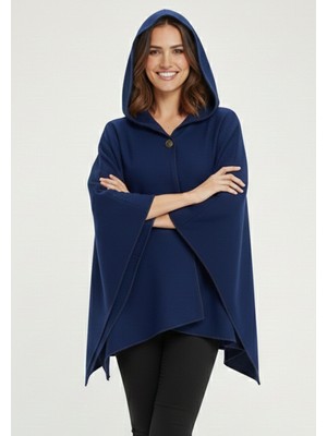 Exve Exclusive Lacivert Tüylenmez Soft Polar Sıcak Tutan Panço Kışlık Göğsü Düğmeli Kapüşonlu Kadın Şal