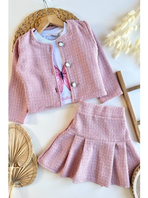 Monila Kız Çocuk Pembe Tweed Kumaş  Etekli Ceketli ve Tshirtlü 3'lü Takım