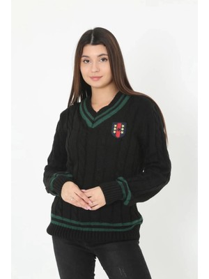 Beta Moda Hub V Yaka Örgülü Kazak - Siyah