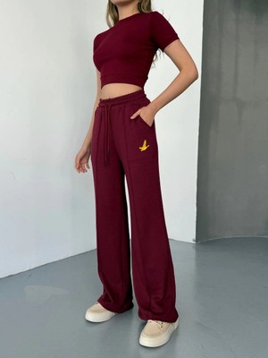 Beta Moda Hub Osy Modal Yumuşak Dokulu Kumaş Nakış Işlemeli Rahat Bol Paça Eşofman Pantalon - Bordo