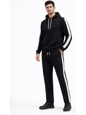 Beta Moda Hub Şeritli Eşofman Takım Kapüşonlu Sweatshirt Boru Paça Alt, Oversize 3 Iplik Pamuklu - Siyah