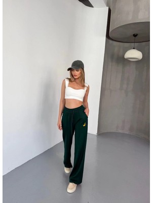 Beta Moda Hub Osy Modal Yumuşak Dokulu Kumaş Nakış Işlemeli Rahat Bol Paça Eşofman Pantalon - Yeşil